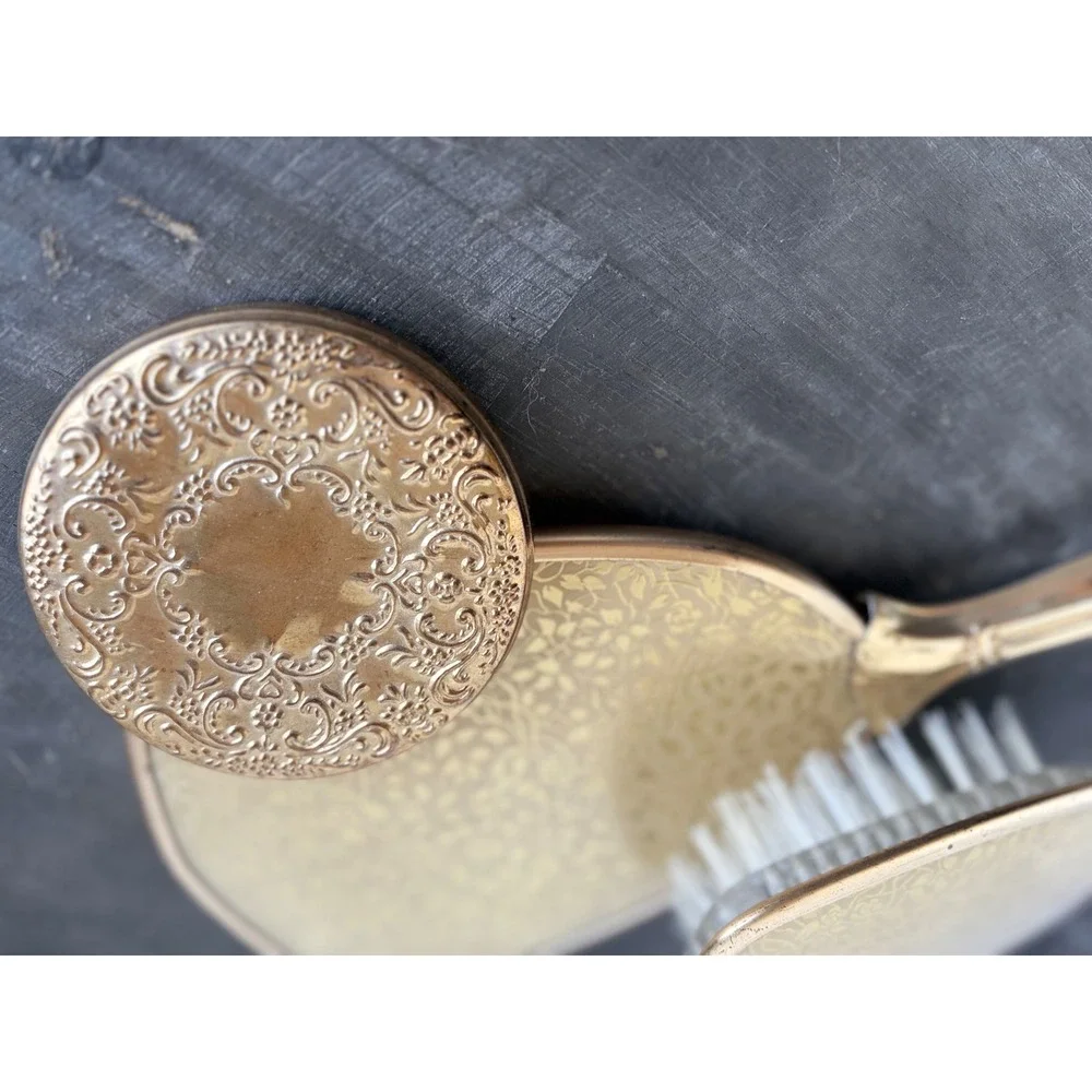 Vintage Gold Tone Floral Vanity Set Hand Mirror Hairbrush Compact 3 Piece Set